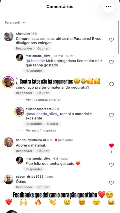 Mensagem real de professor sobre o material