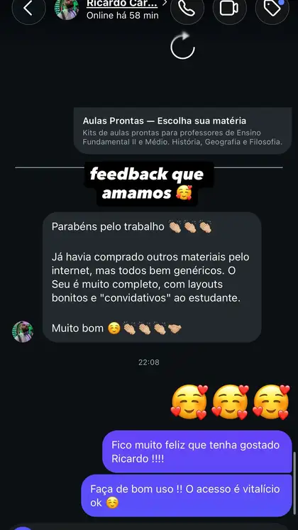 Mensagem real de professor sobre o material